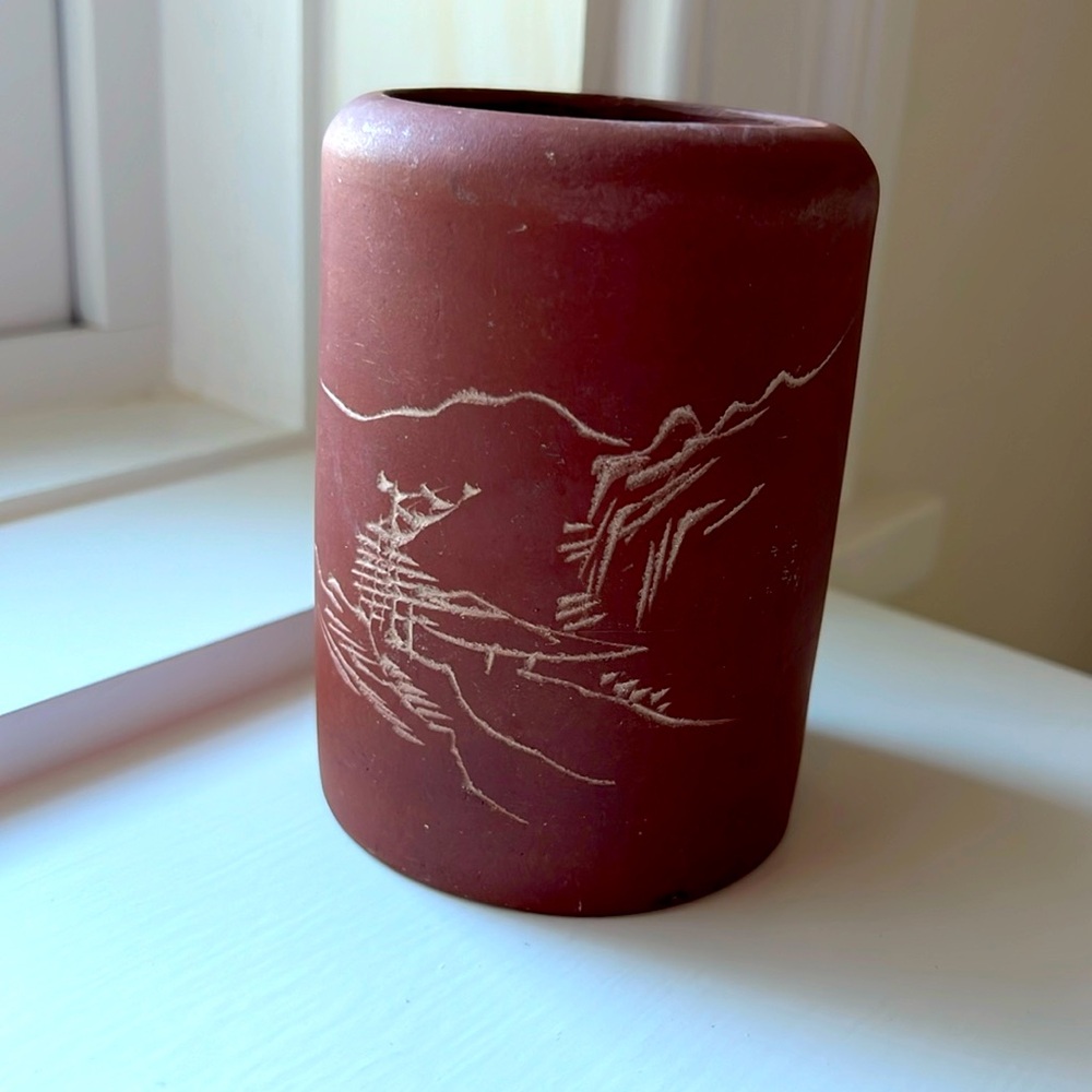 Chinese Ceramic Brushpot Landscape Calligraphy Text Made In China VTG Antique